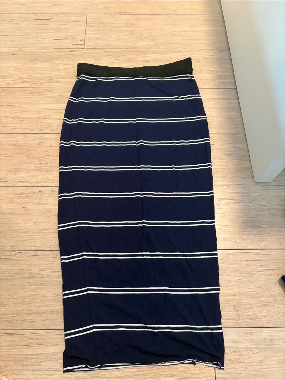 Olivaceous Navy and White Striped Pencil Skirt with Black Waistband